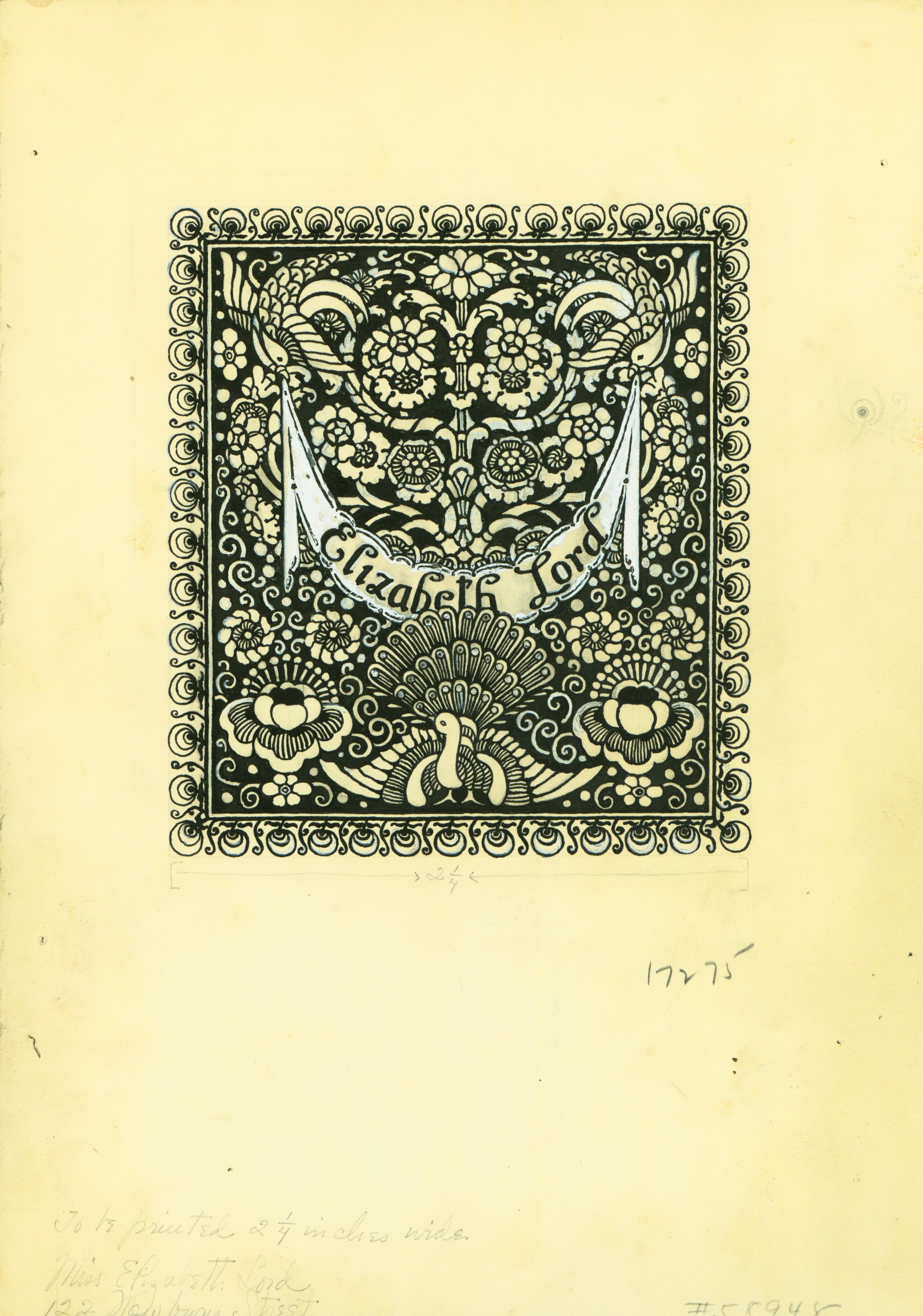 Scan of Elizabeth Lord's bookplate, hand-drawn