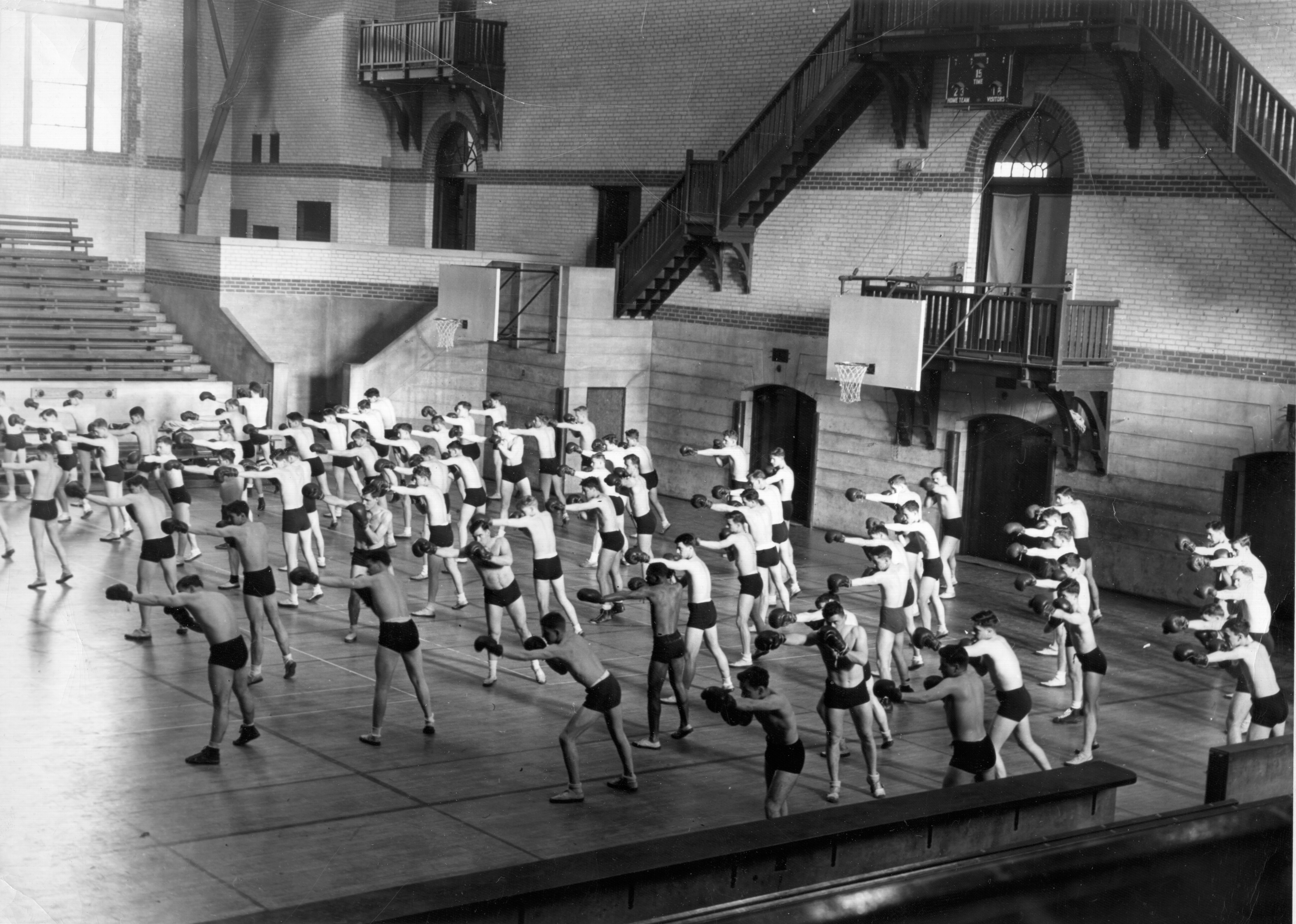 Boxing in gym class, ca. 1940