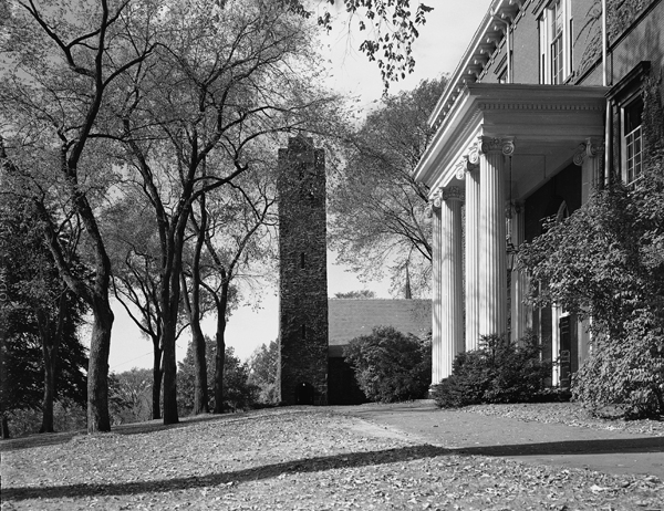 Black and white photo of the side view of Ballou Hall and Goddard Chapel, 1950.