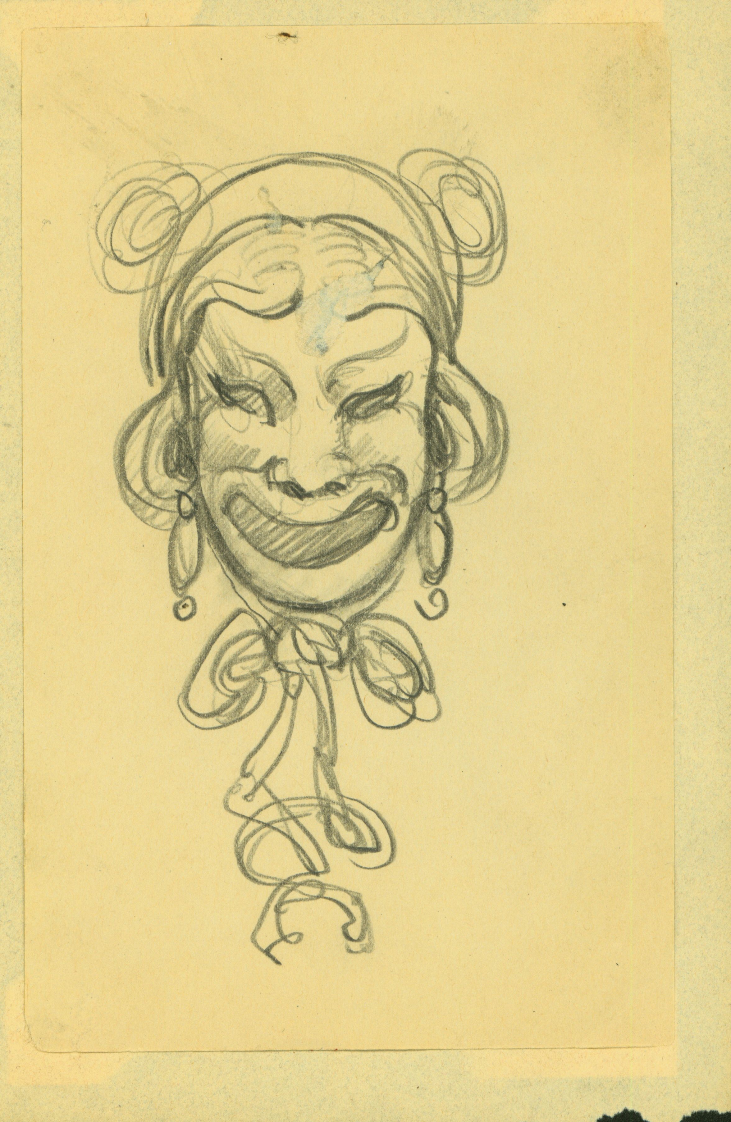 Sketch of mask from bookplate for Imogene Hogle Putnam