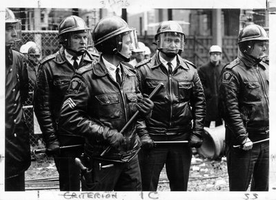 Black and white photo of Somerville Police at the dormitory construction site, November 1969.