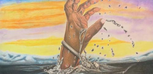 Drowning chained hand visual art by Anonymous