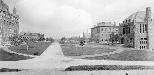 Black and white photo of the academic quad in 1886.